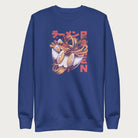 Royal blue sweatshirt with a vibrant graphic of a bowl of ramen noodles, depicted in a dynamic, cartoonish style with bold Japanese text.