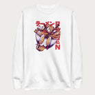 White sweatshirt with a vibrant graphic of a bowl of ramen noodles, depicted in a dynamic, cartoonish style with bold Japanese text.