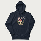 Navy blue hoodie with mushroom and butterfly design, with the text 'Respect the Soil' above it. 