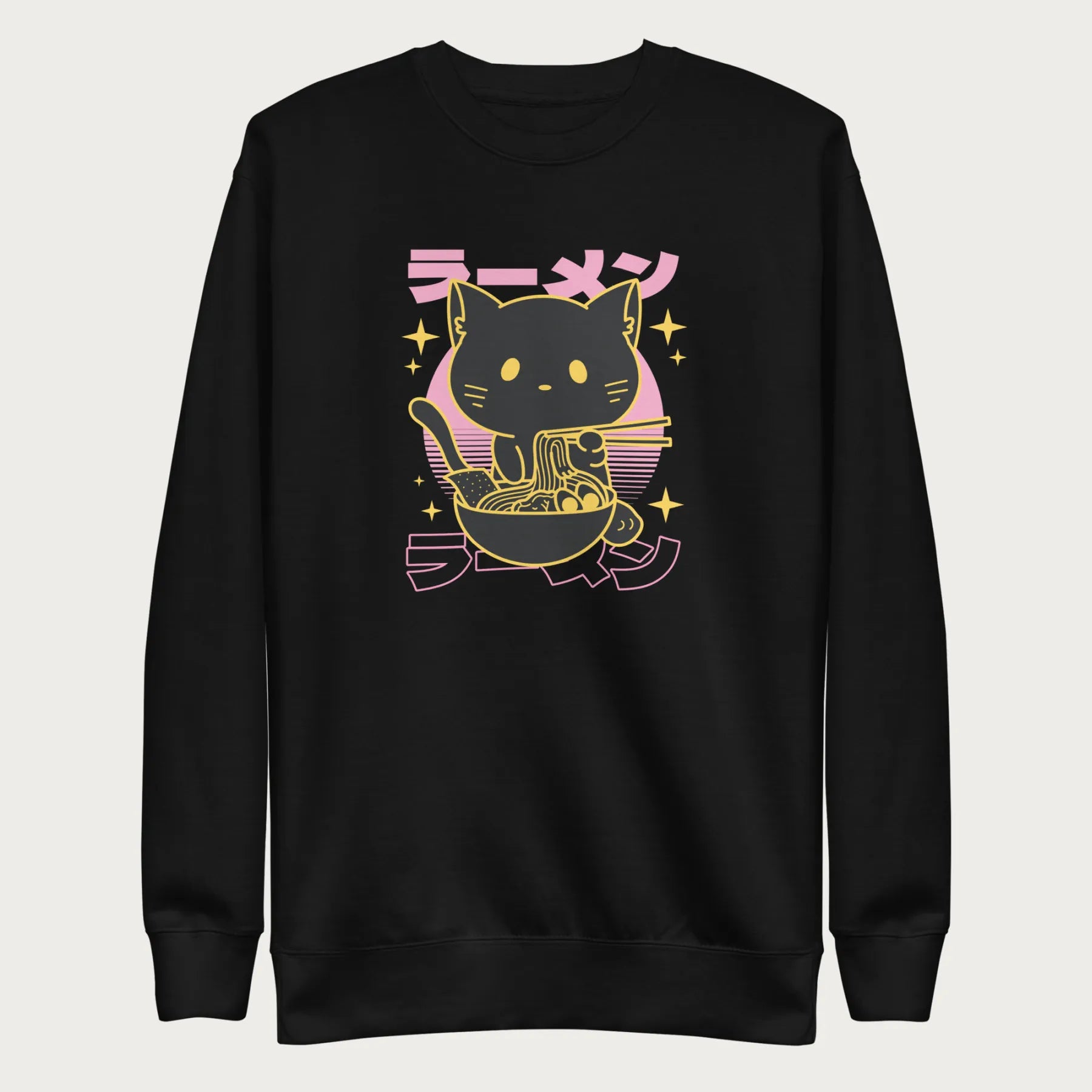 Black sweatshirt with Japanese text and a neon outline graphic of a cat eating ramen.