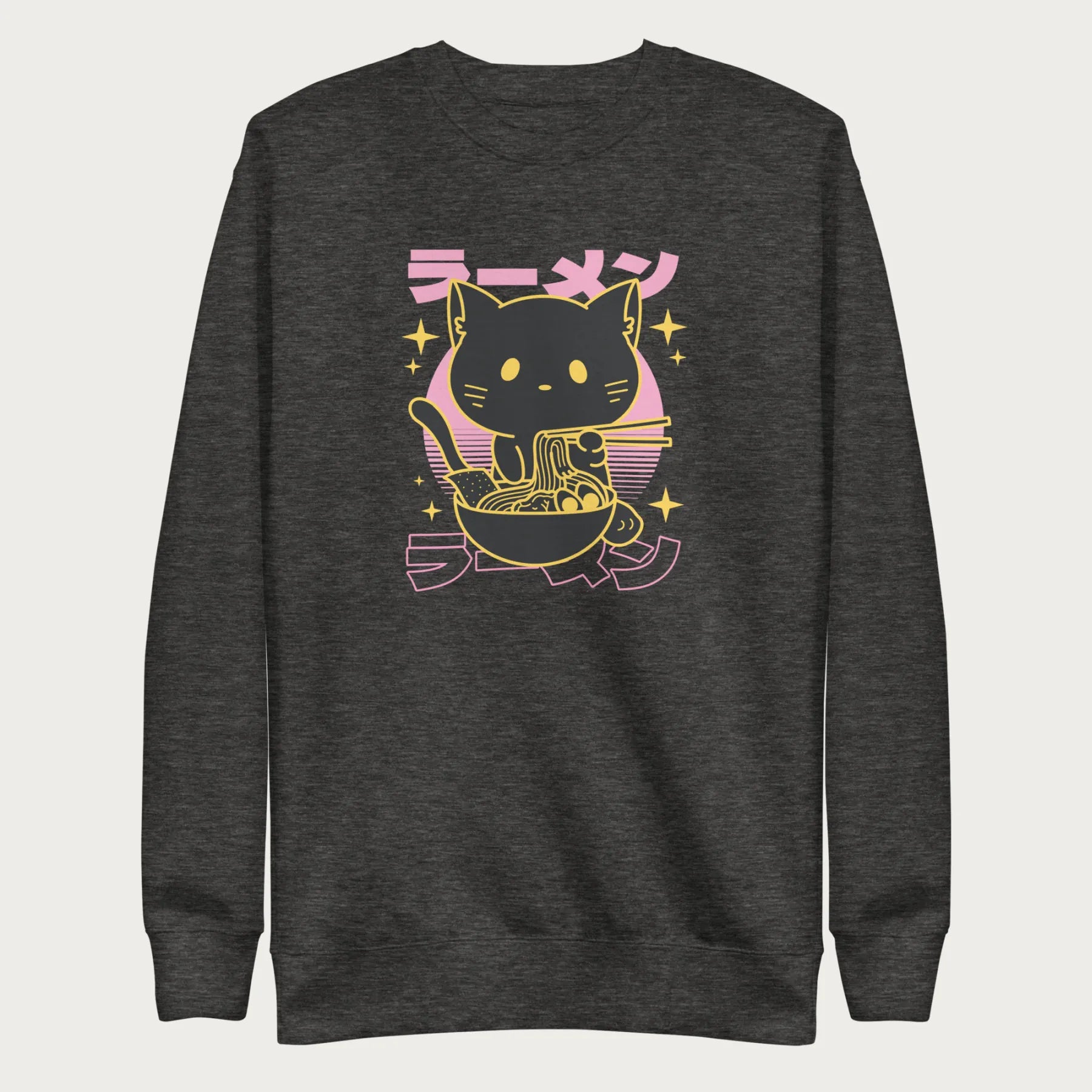 Dark grey sweatshirt with Japanese text and a neon outline graphic of a cat eating ramen.