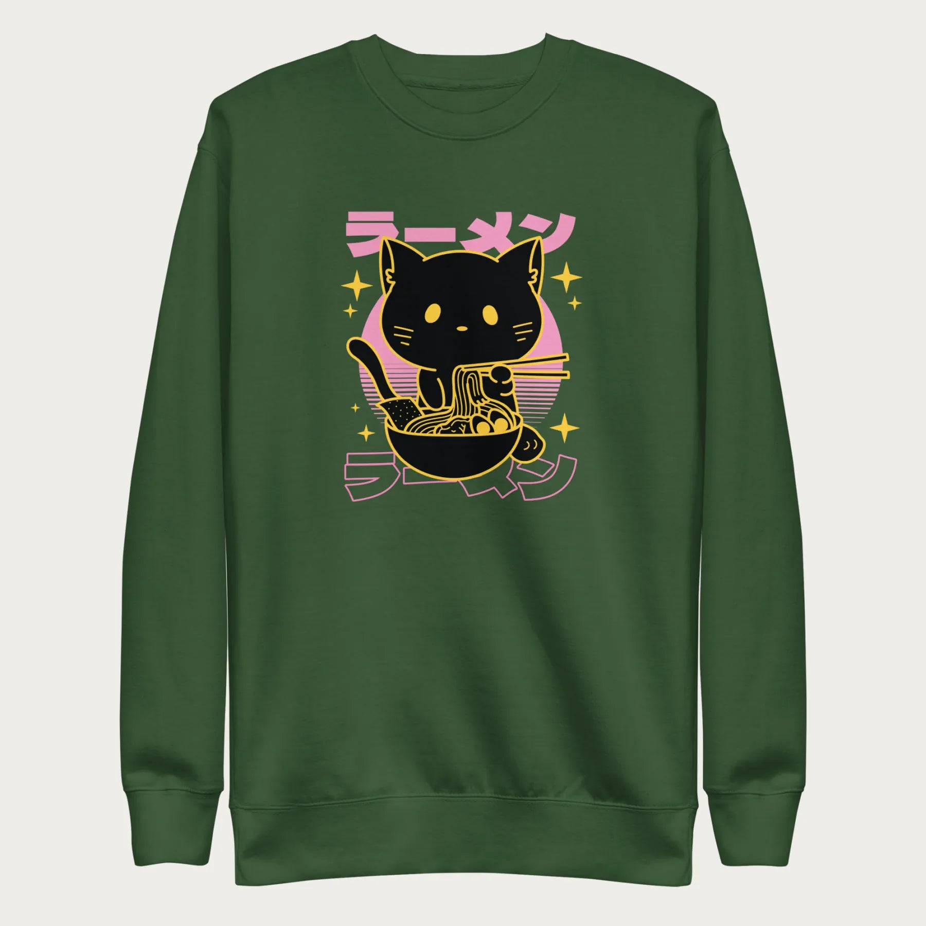 Forest green sweatshirt with Japanese text and a neon outline graphic of a cat eating ramen.