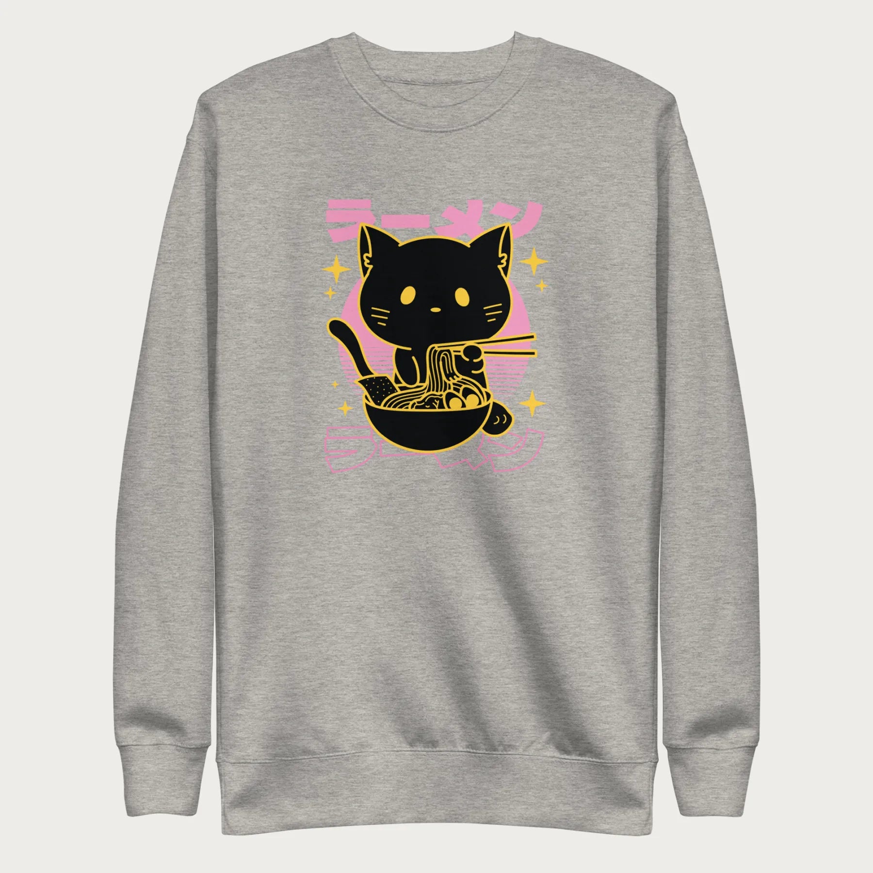 Light grey sweatshirt with Japanese text and a neon outline graphic of a cat eating ramen.