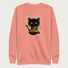 Light pink sweatshirt with Japanese text and a neon outline graphic of a cat eating ramen.