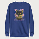 Royal blue sweatshirt with Japanese text and a neon outline graphic of a cat eating ramen.