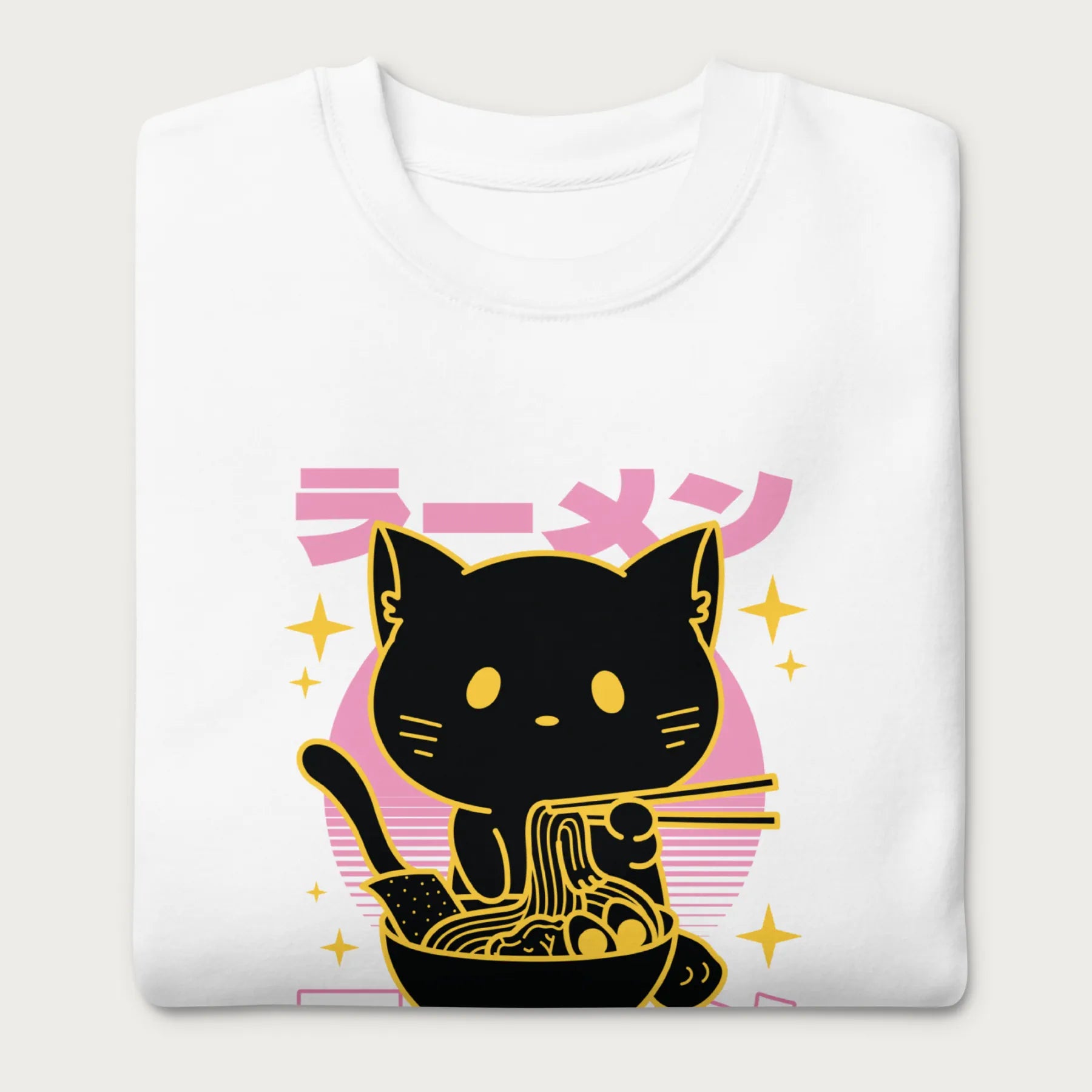 Folded white sweatshirt with Japanese text and a neon outline graphic of a cat eating ramen.