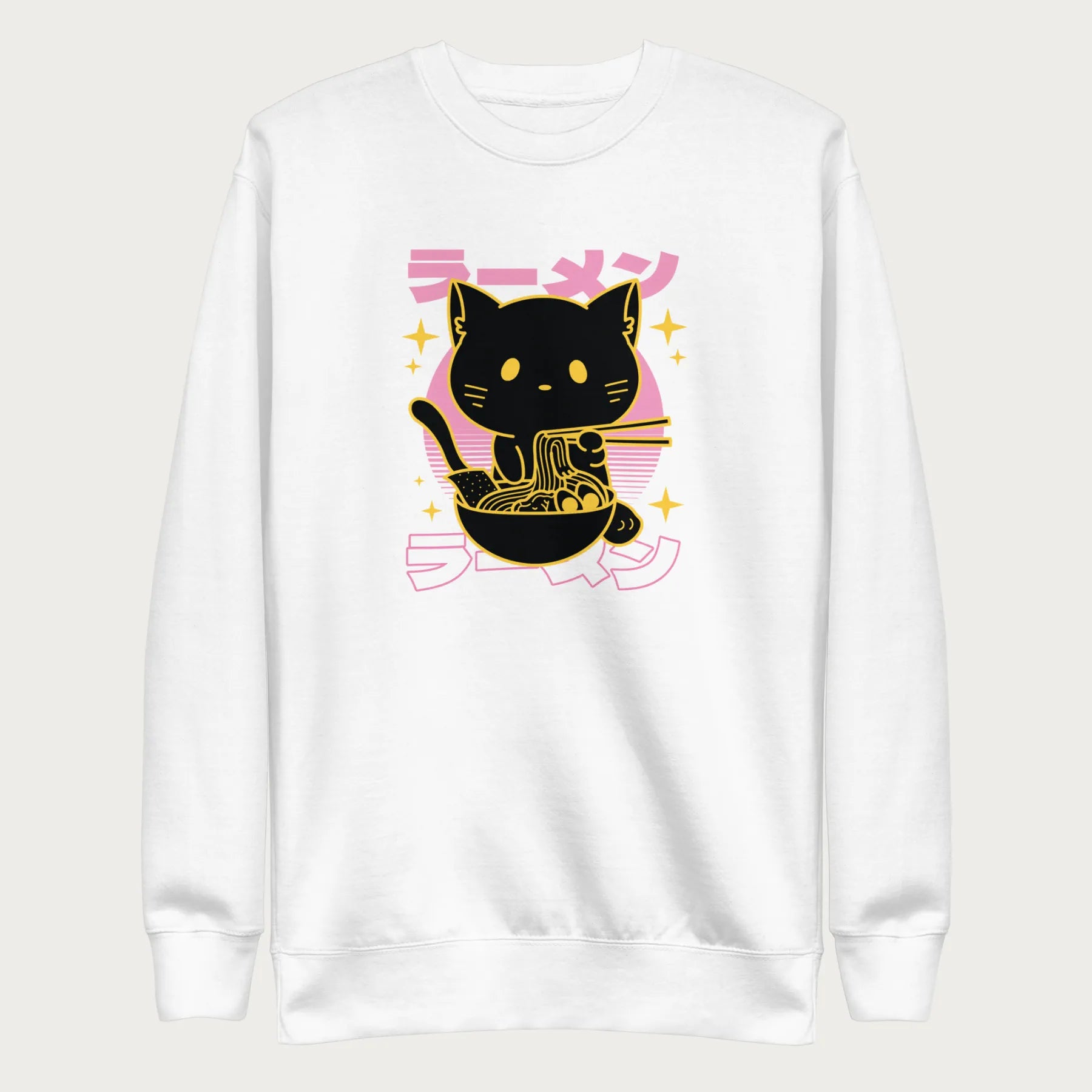 White sweatshirt with Japanese text and a neon outline graphic of a cat eating ramen.