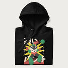 Folded black hoodie with Japanese text and a retro-futuristic robot fighter graphic.