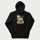 Black hoodie with Japanese text and a retro-futuristic robot fighter graphic.