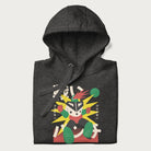 Folded dark grey hoodie with Japanese text and a retro-futuristic robot fighter graphic.