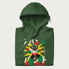 Folded forest green hoodie with Japanese text and a retro-futuristic robot fighter graphic.