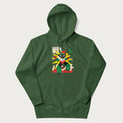 Forest green hoodie with Japanese text and a retro-futuristic robot fighter graphic.