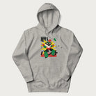 Light grey hoodie with Japanese text and a retro-futuristic robot fighter graphic.