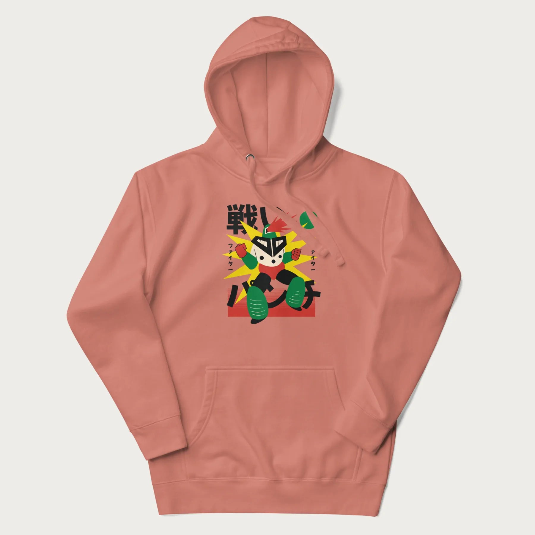 Light pink hoodie with Japanese text and a retro-futuristic robot fighter graphic.