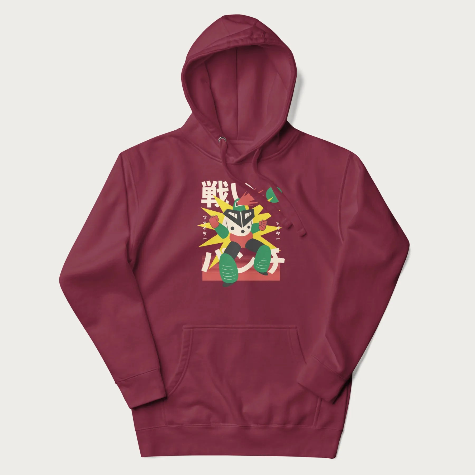 Maroon hoodie with Japanese text and a retro-futuristic robot fighter graphic.