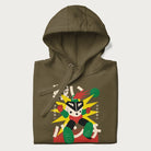 Folded military green hoodie with Japanese text and a retro-futuristic robot fighter graphic.