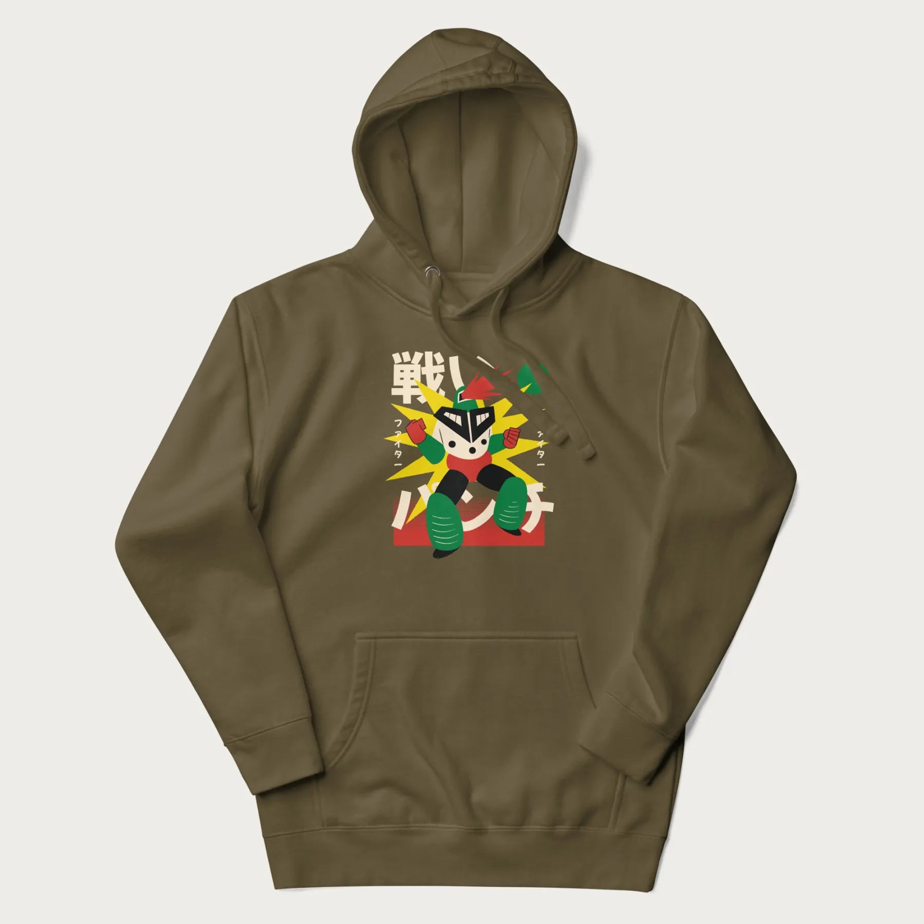 Military green hoodie with Japanese text and a retro-futuristic robot fighter graphic.