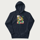 Navy blue hoodie with Japanese text and a retro-futuristic robot fighter graphic.