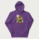 Purple hoodie with Japanese text and a retro-futuristic robot fighter graphic.