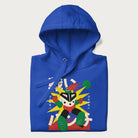 Folded royal blue hoodie with Japanese text and a retro-futuristic robot fighter graphic.