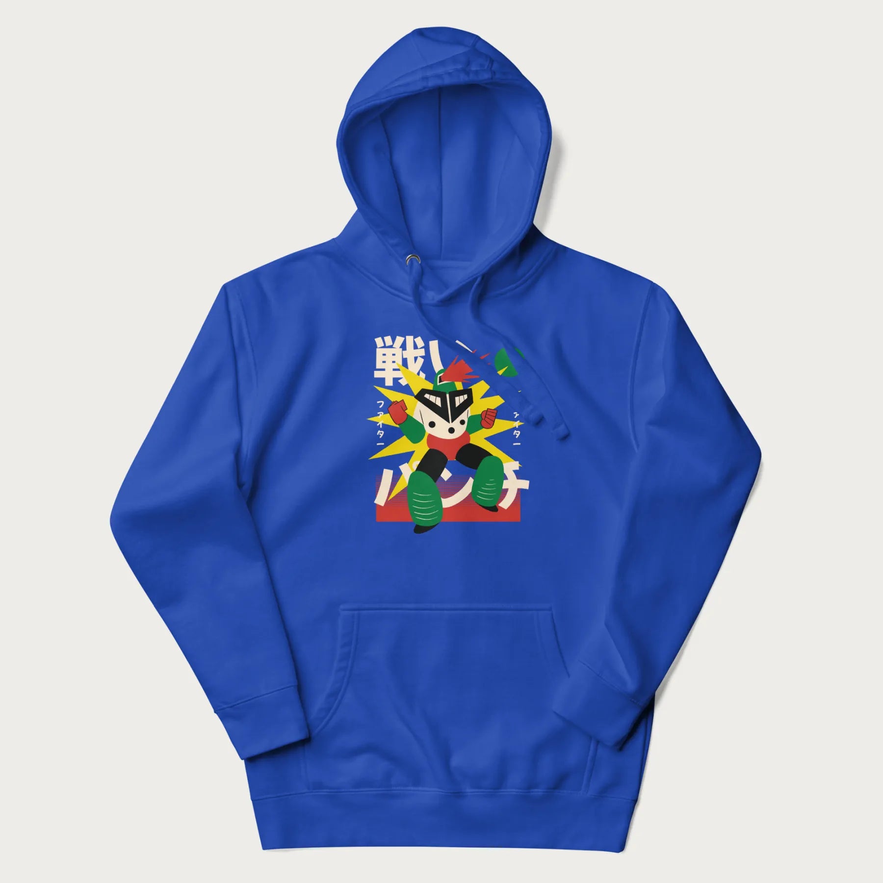 Royal blue hoodie with Japanese text and a retro-futuristic robot fighter graphic.