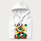 Folded white hoodie with Japanese text and a retro-futuristic robot fighter graphic.