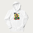 White hoodie with Japanese text and a retro-futuristic robot fighter graphic.