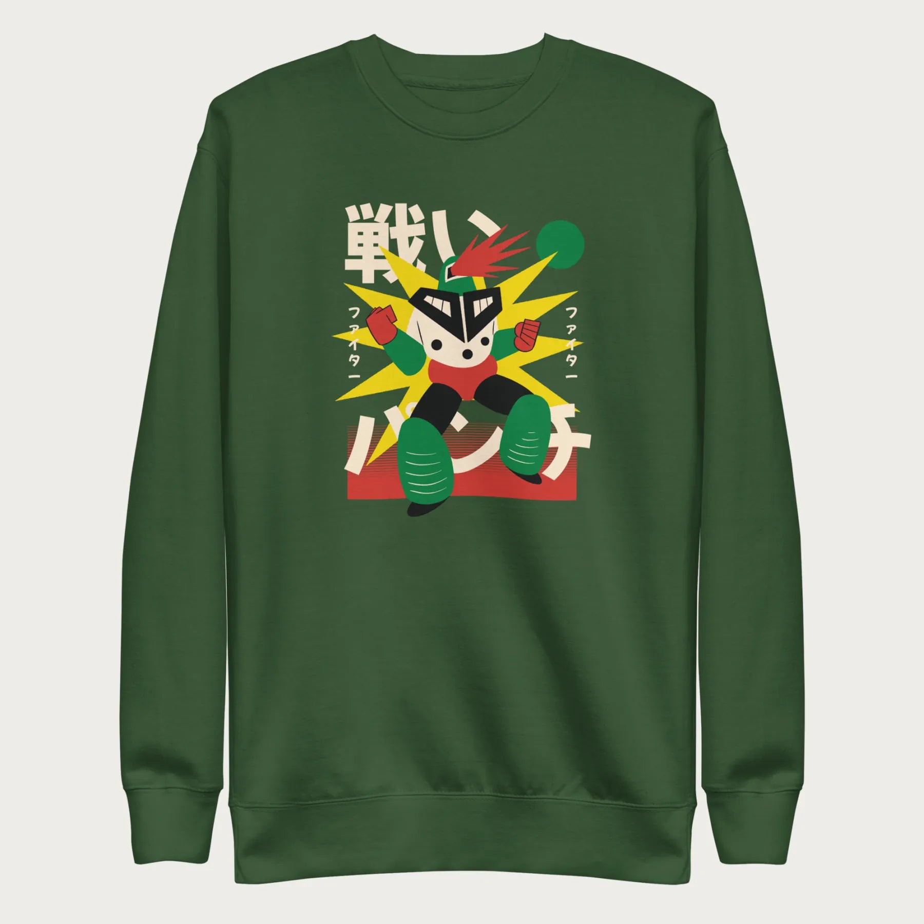 Forest green sweatshirt with Japanese text and a retro-styled robot graphic.