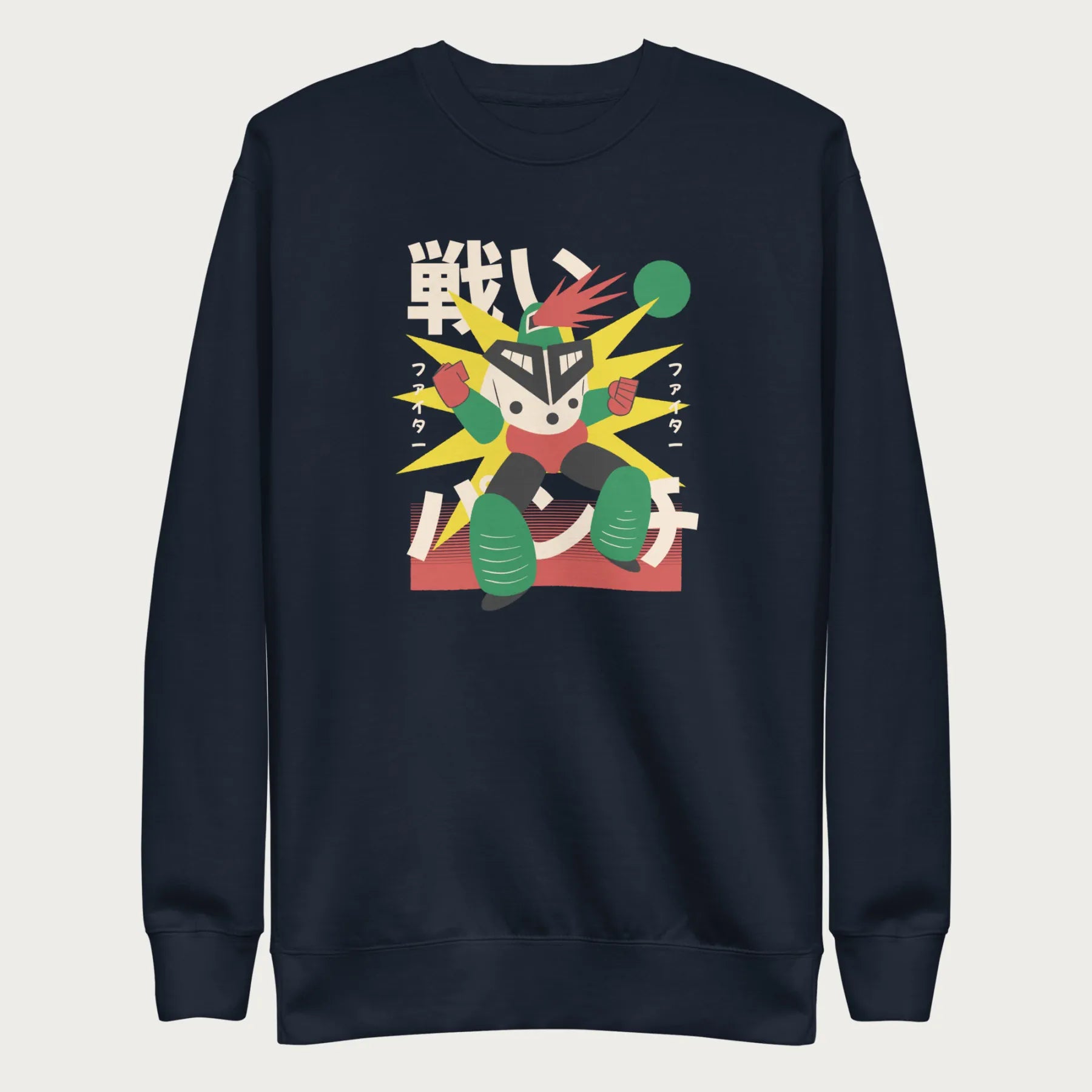 Navy blue sweatshirt with Japanese text and a retro-styled robot graphic.