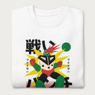 Folded white sweatshirt with Japanese text and a retro-styled robot graphic.