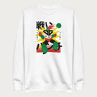 White sweatshirt with Japanese text and a retro-styled robot graphic.