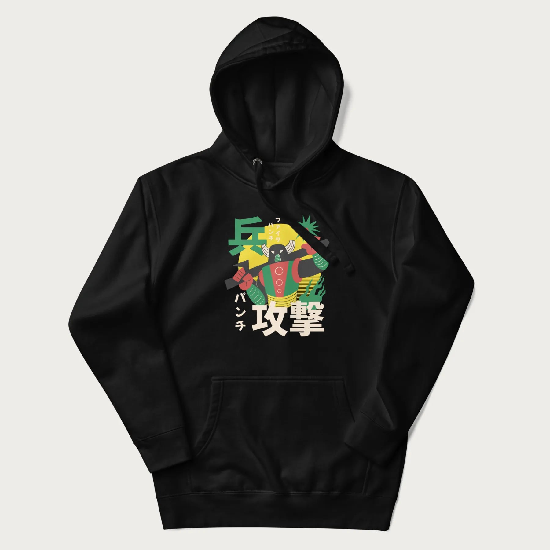 Black hoodie with Japanese text and a retro graphic of a robot warrior holding a sword.