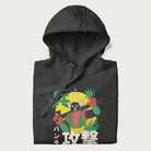 Folded dark grey hoodie with Japanese text and a retro graphic of a robot warrior holding a sword.