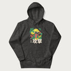 Dark grey hoodie with Japanese text and a retro graphic of a robot warrior holding a sword.