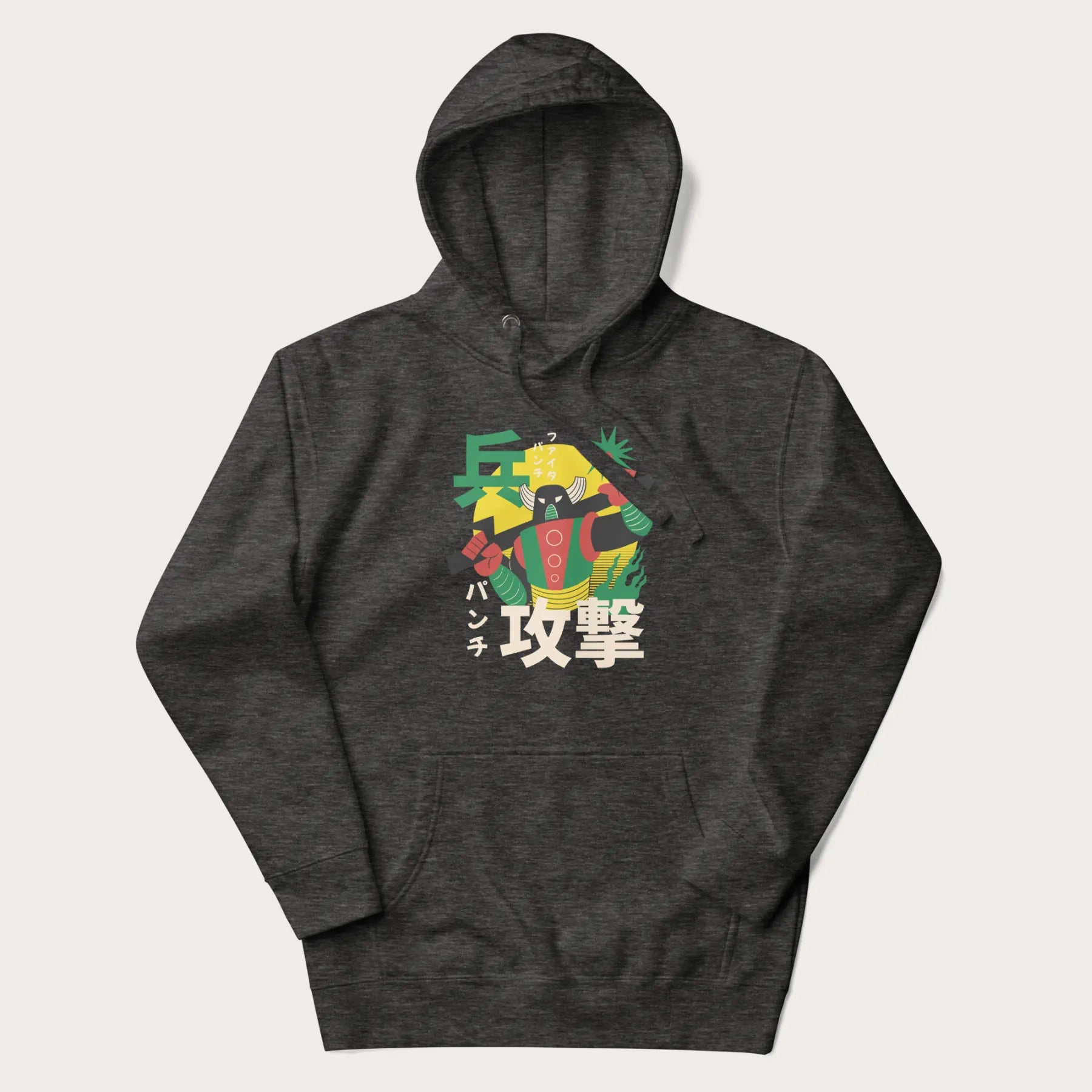 Dark grey hoodie with Japanese text and a retro graphic of a robot warrior holding a sword.