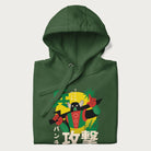 Folded forest green hoodie with Japanese text and a retro graphic of a robot warrior holding a sword.