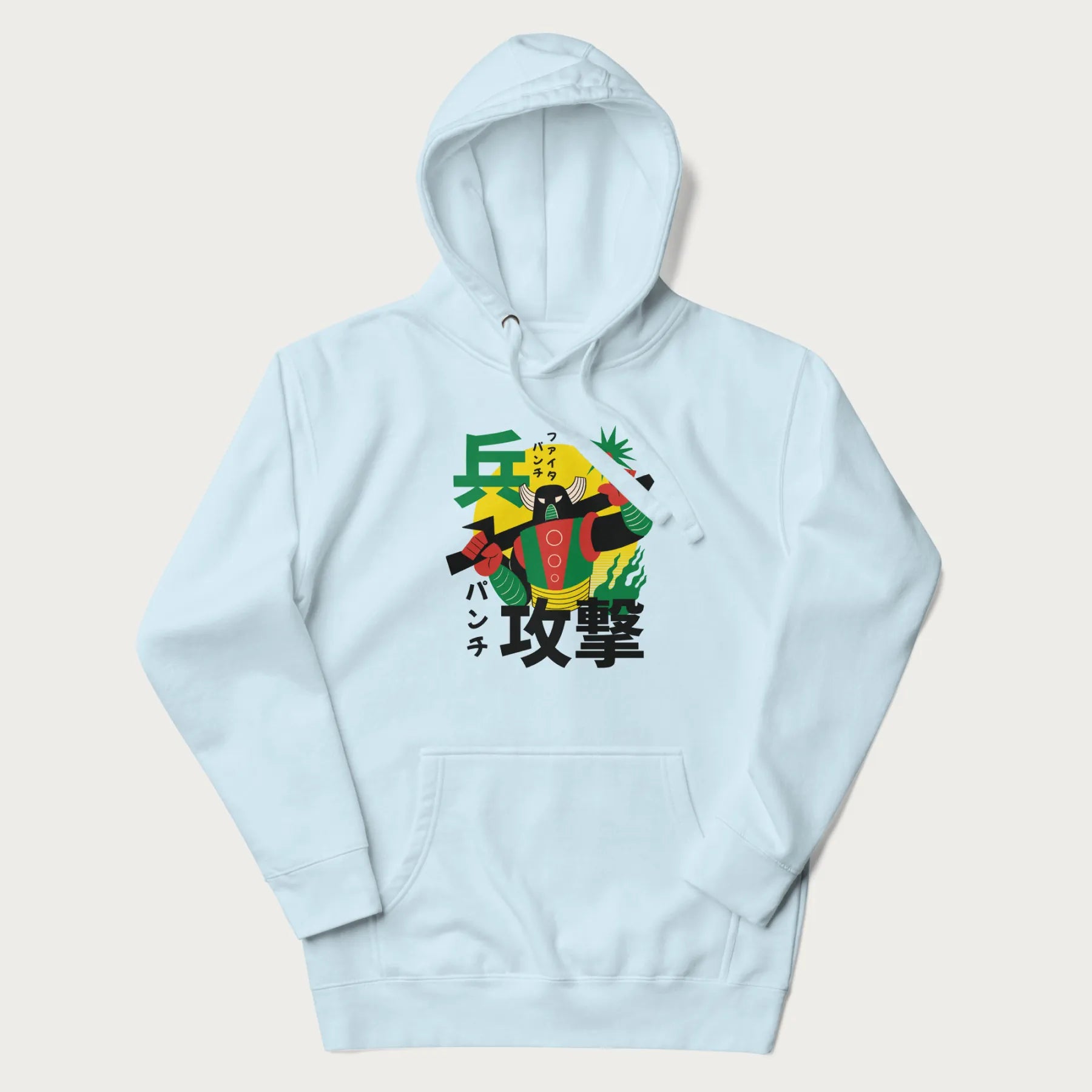 Light blue hoodie with Japanese text and a retro graphic of a robot warrior holding a sword.