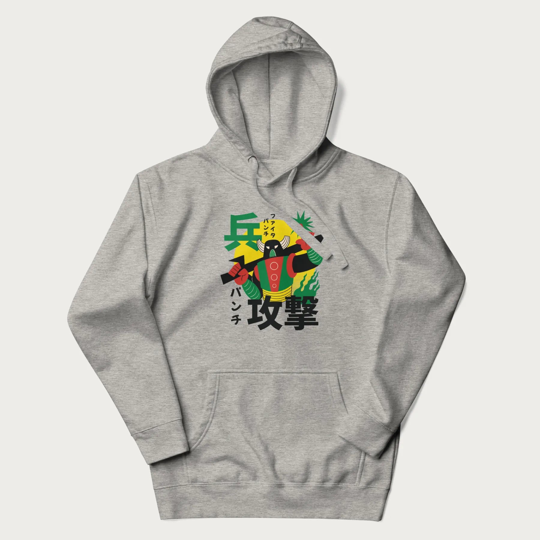 Light grey hoodie with Japanese text and a retro graphic of a robot warrior holding a sword.