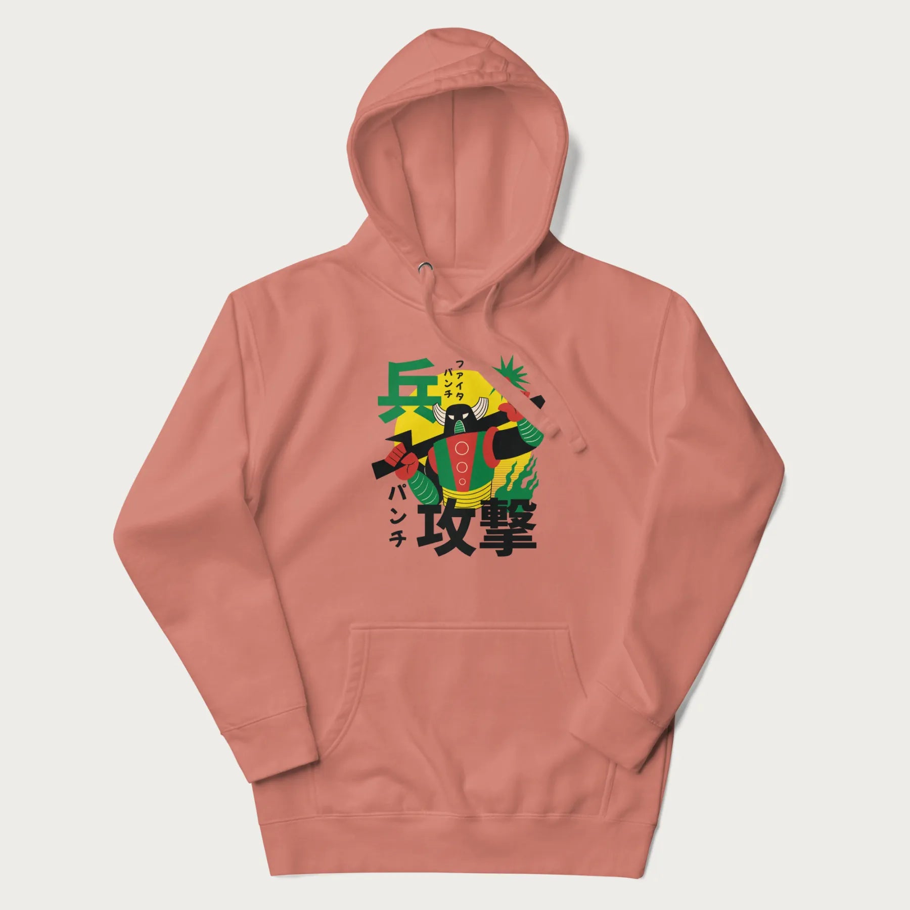 Light pink hoodie with Japanese text and a retro graphic of a robot warrior holding a sword.