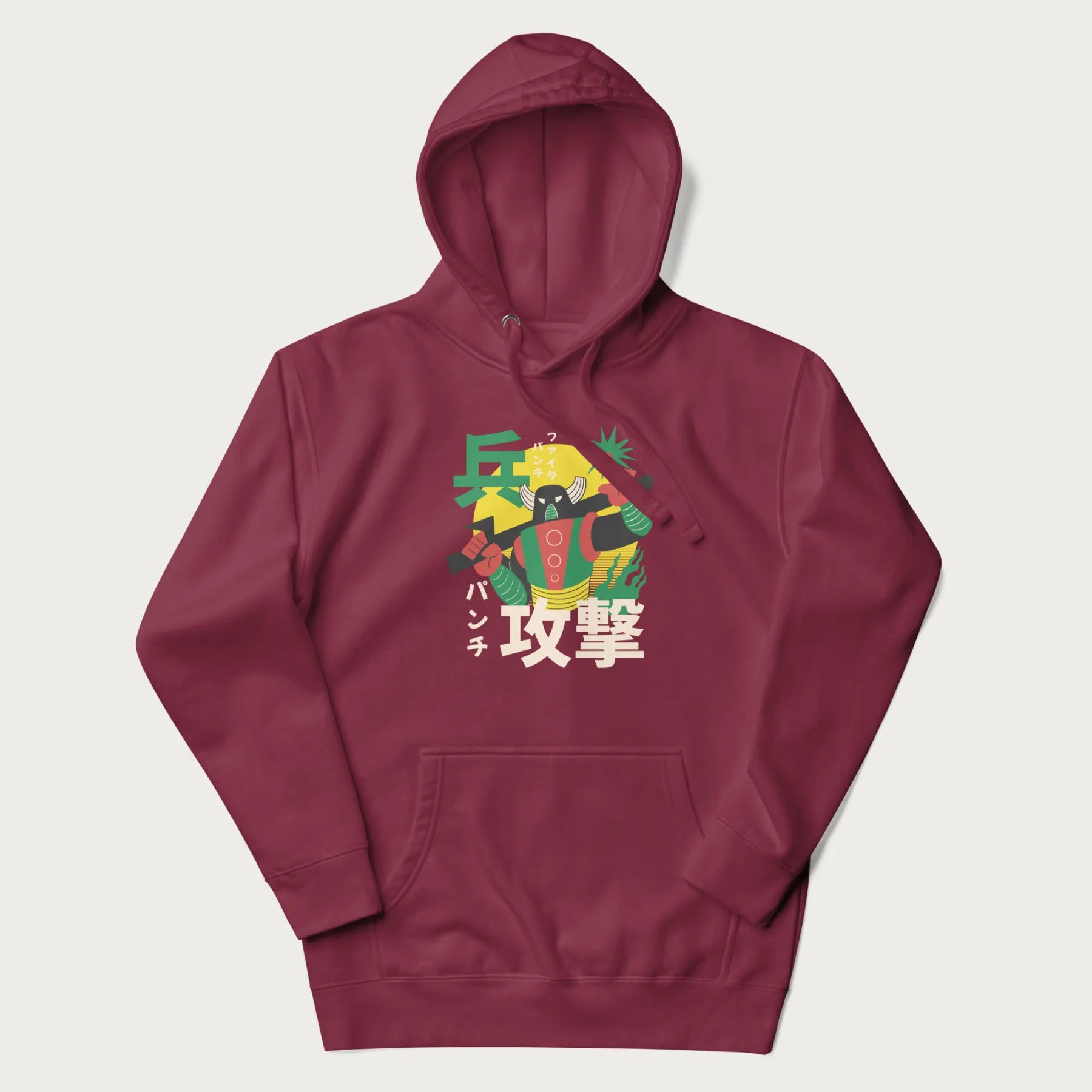 Maroon hoodie with Japanese text and a retro graphic of a robot warrior holding a sword.