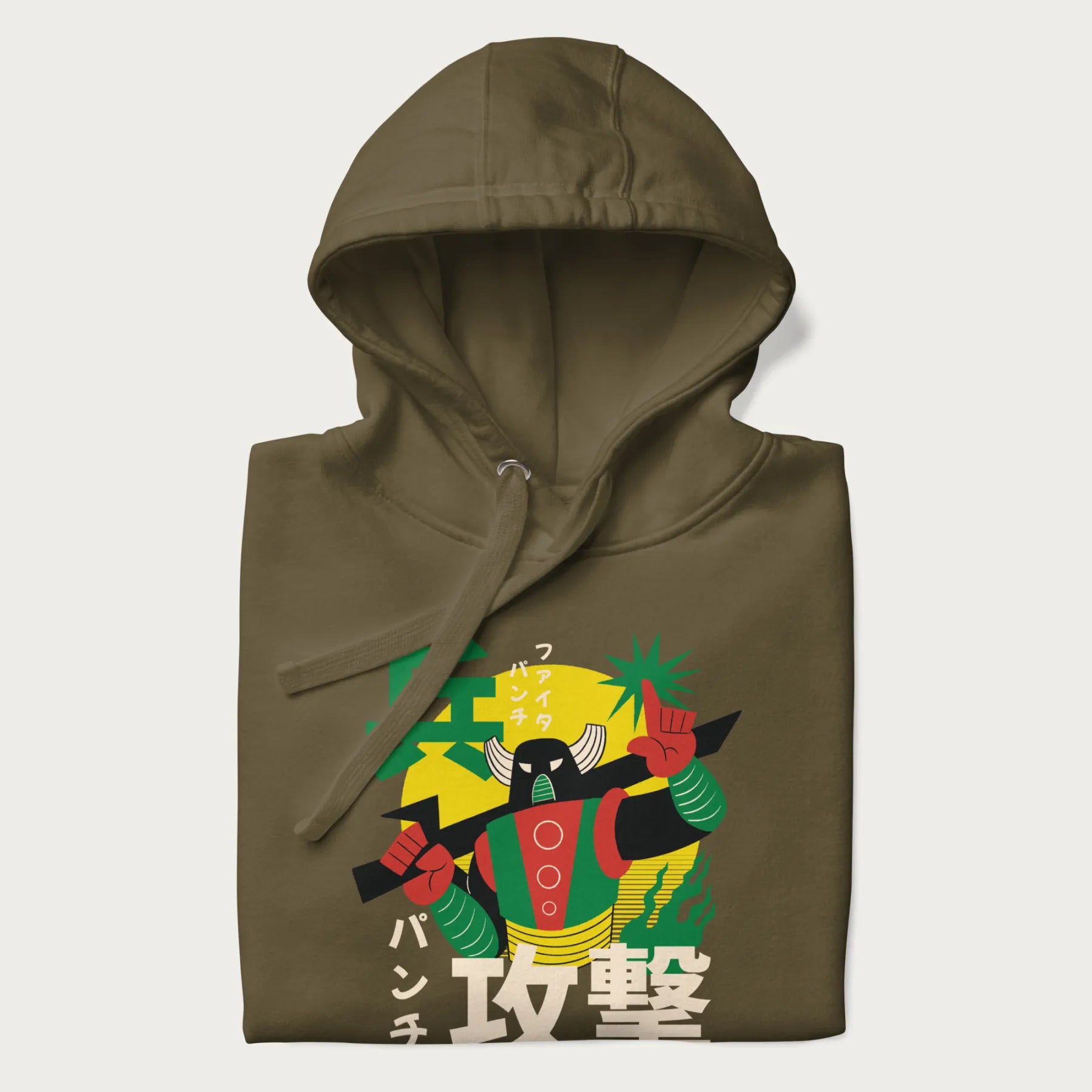 Folded military green hoodie with Japanese text and a retro graphic of a robot warrior holding a sword.