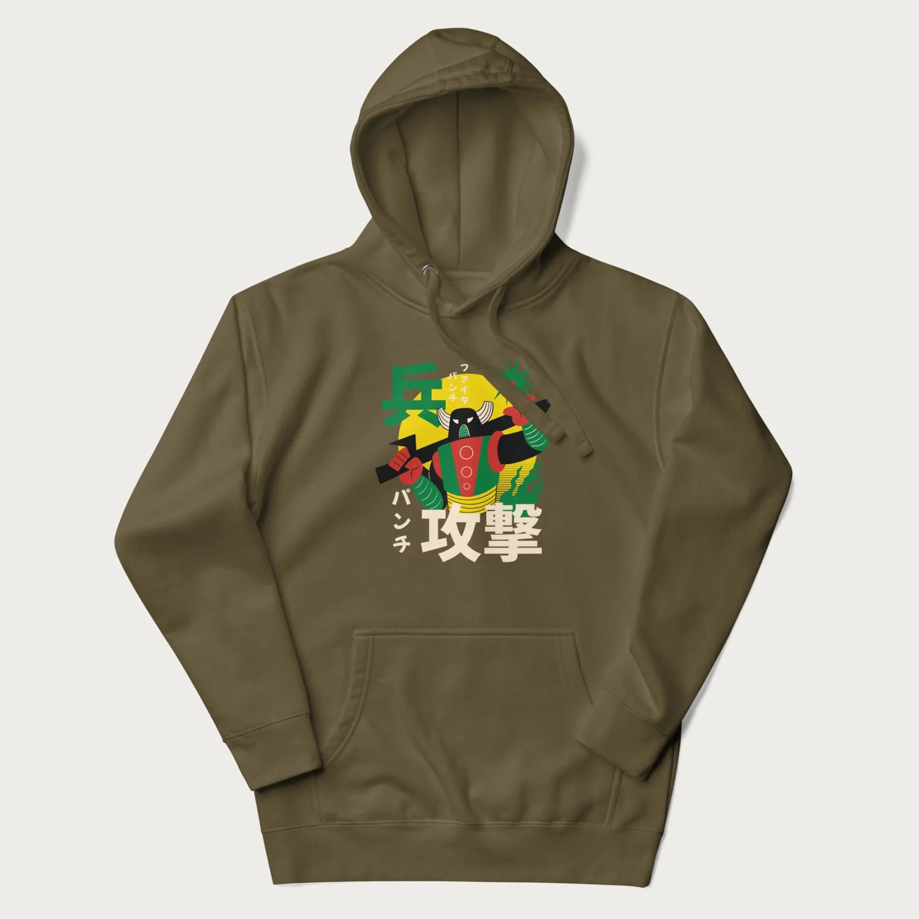 Military green hoodie with Japanese text and a retro graphic of a robot warrior holding a sword.