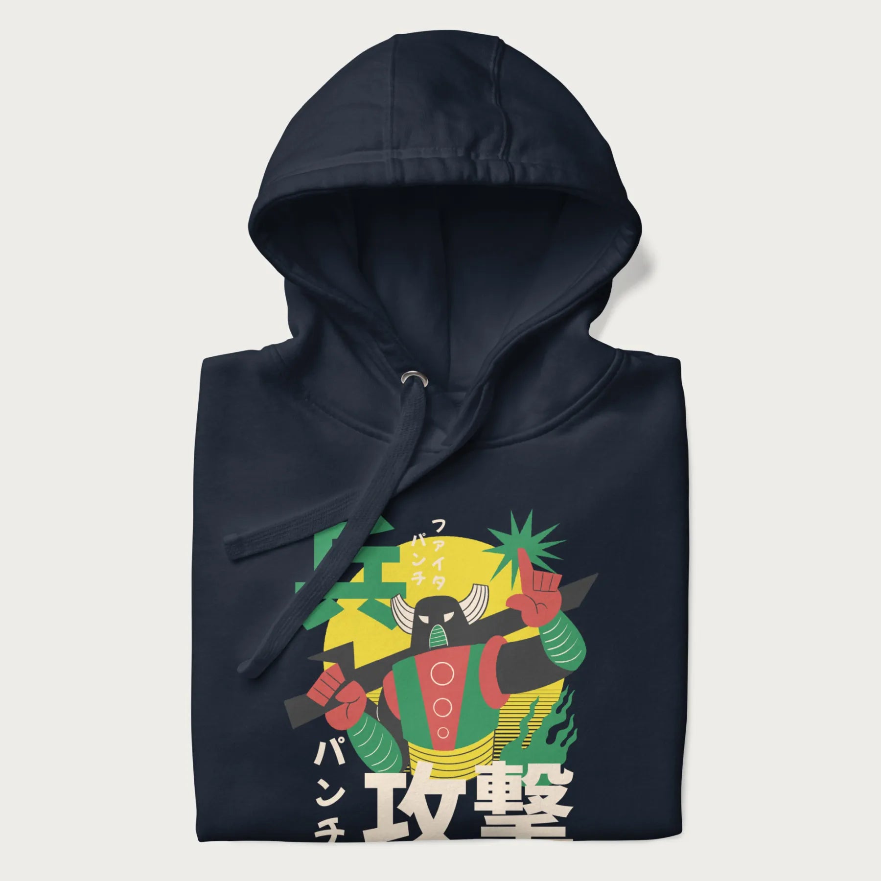 Folded navy blue hoodie with Japanese text and a retro graphic of a robot warrior holding a sword.