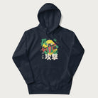 Navy blue hoodie with Japanese text and a retro graphic of a robot warrior holding a sword.