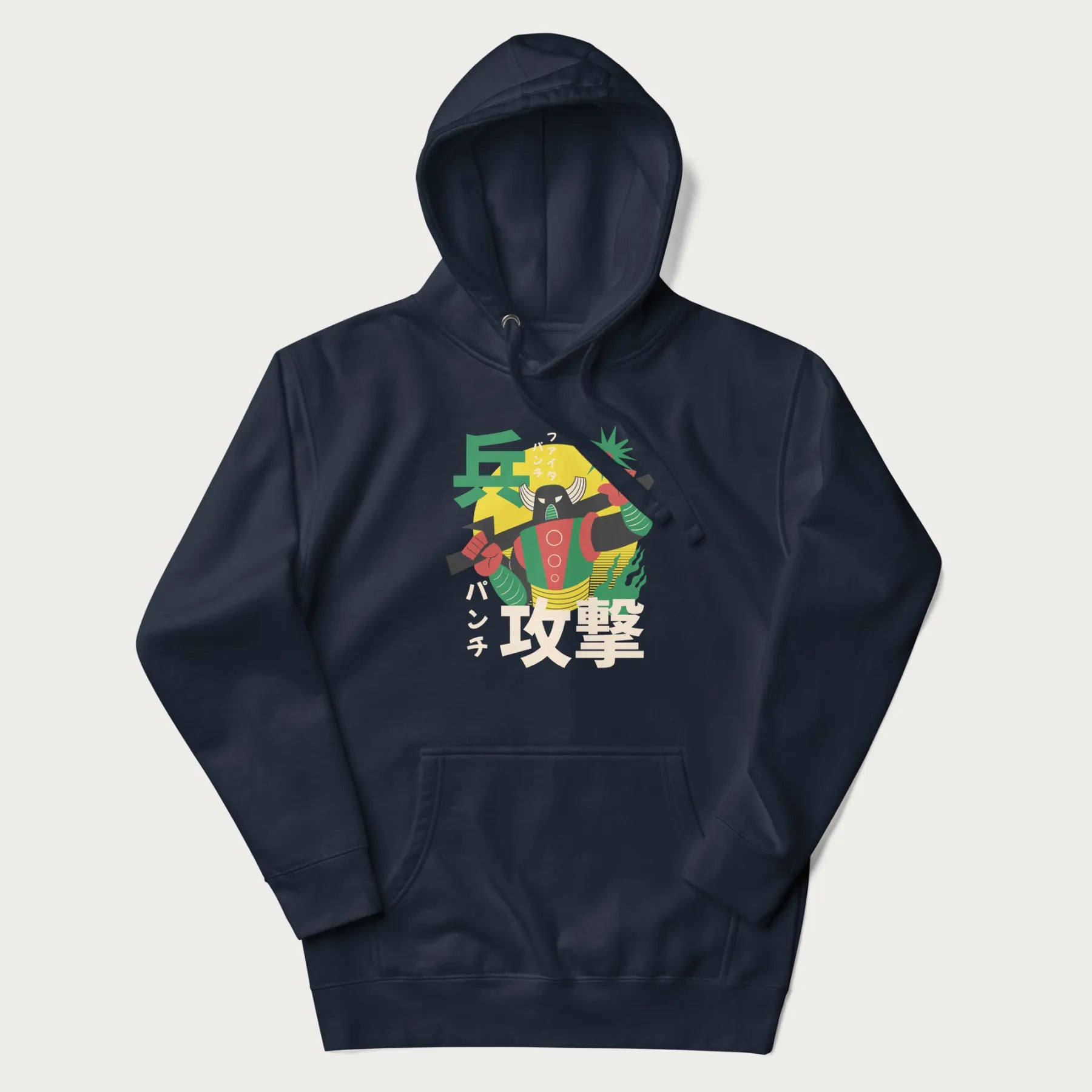 Navy blue hoodie with Japanese text and a retro graphic of a robot warrior holding a sword.