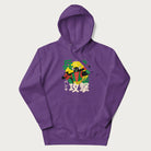 Purple hoodie with Japanese text and a retro graphic of a robot warrior holding a sword.