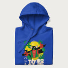 Folded royal blue hoodie with Japanese text and a retro graphic of a robot warrior holding a sword.