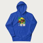 Royal blue hoodie with Japanese text and a retro graphic of a robot warrior holding a sword.