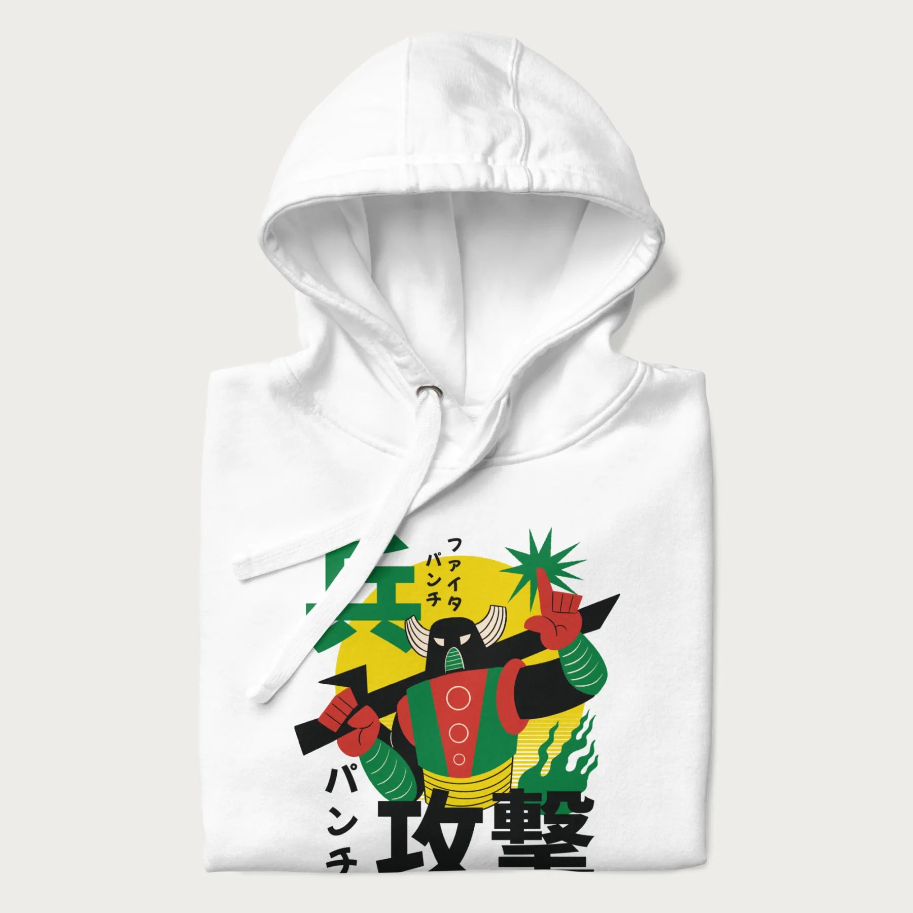 Folded white hoodie with Japanese text and a retro graphic of a robot warrior holding a sword.