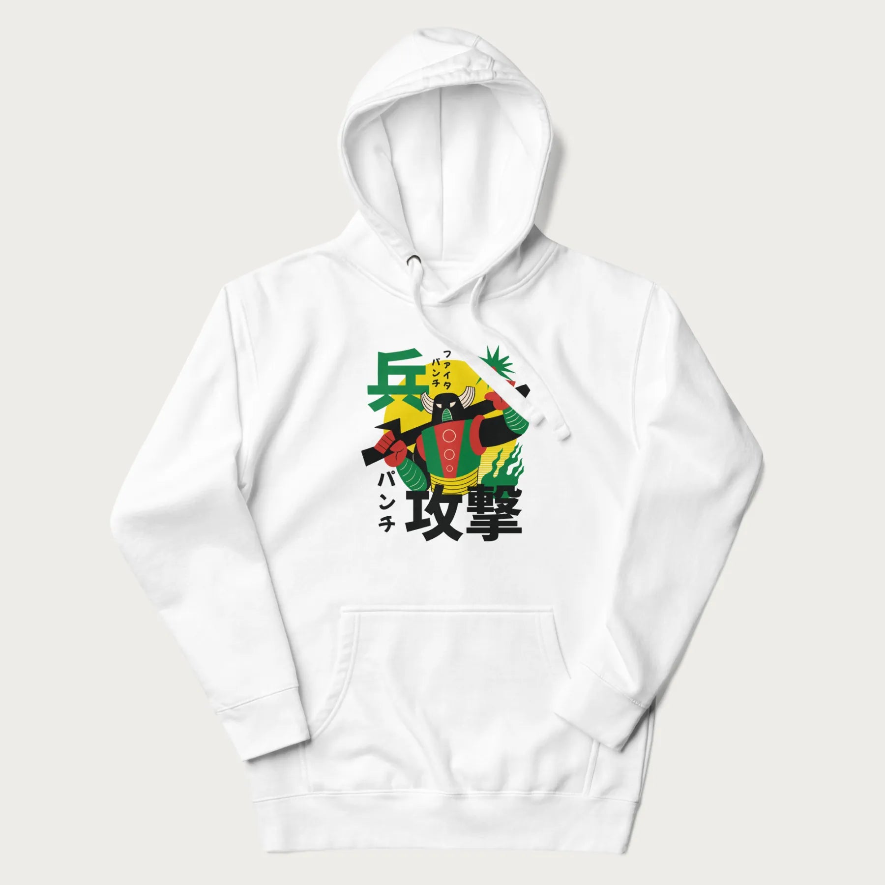 White hoodie with Japanese text and a retro graphic of a robot warrior holding a sword.